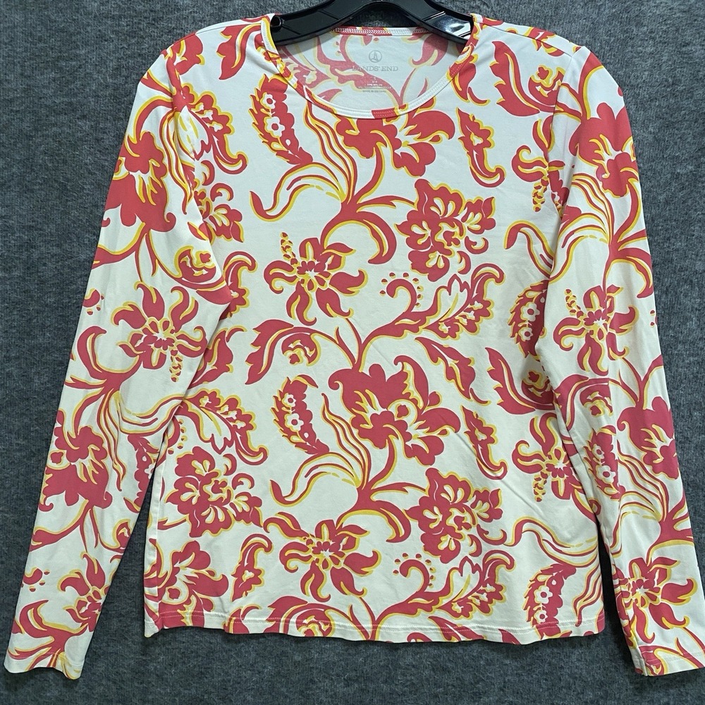Lands End Swim Top Rash Guard Womens S Pink Floral Stretch Beach Vacation Resort